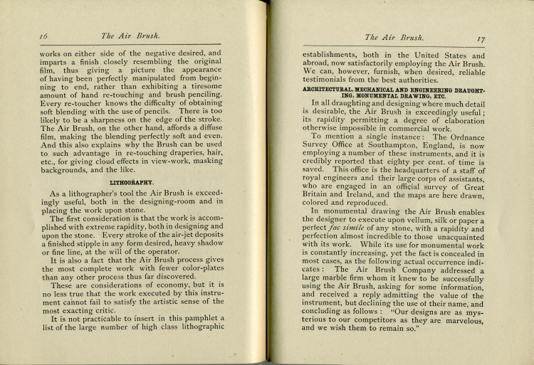 Pages 16 & 17 of the 1880's Air Brush Mfg. Co. Brochure.