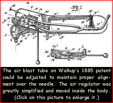 This 1885 Walkup patent featured an adjustible air blast tube to maintain proper alignment over the needle.