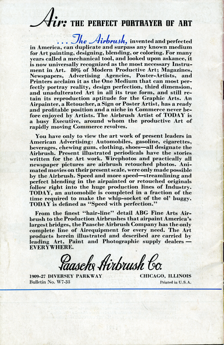 1938 Paasche Airbrush Co. catalog. - Airbrush history from The Airbrush Museum featuring Paasche, Wold, Walkup, Iwata, Aerograph, Badger,  and  more!