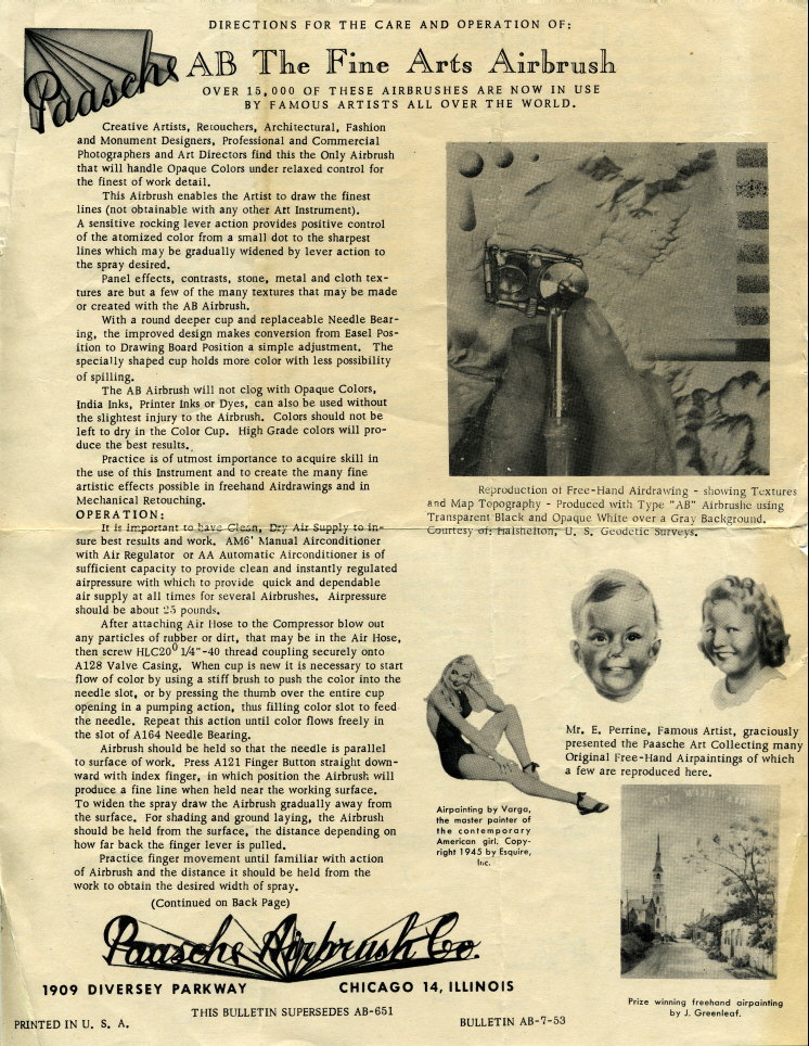 1953 Paasche AB Instruction Sheet - Airbrush Museum Airbrush History