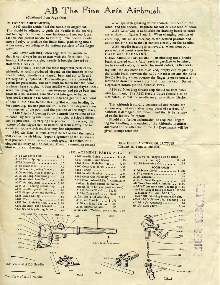 1953 Paasche AB Instruction Sheet - Airbrush Museum Airbrush History