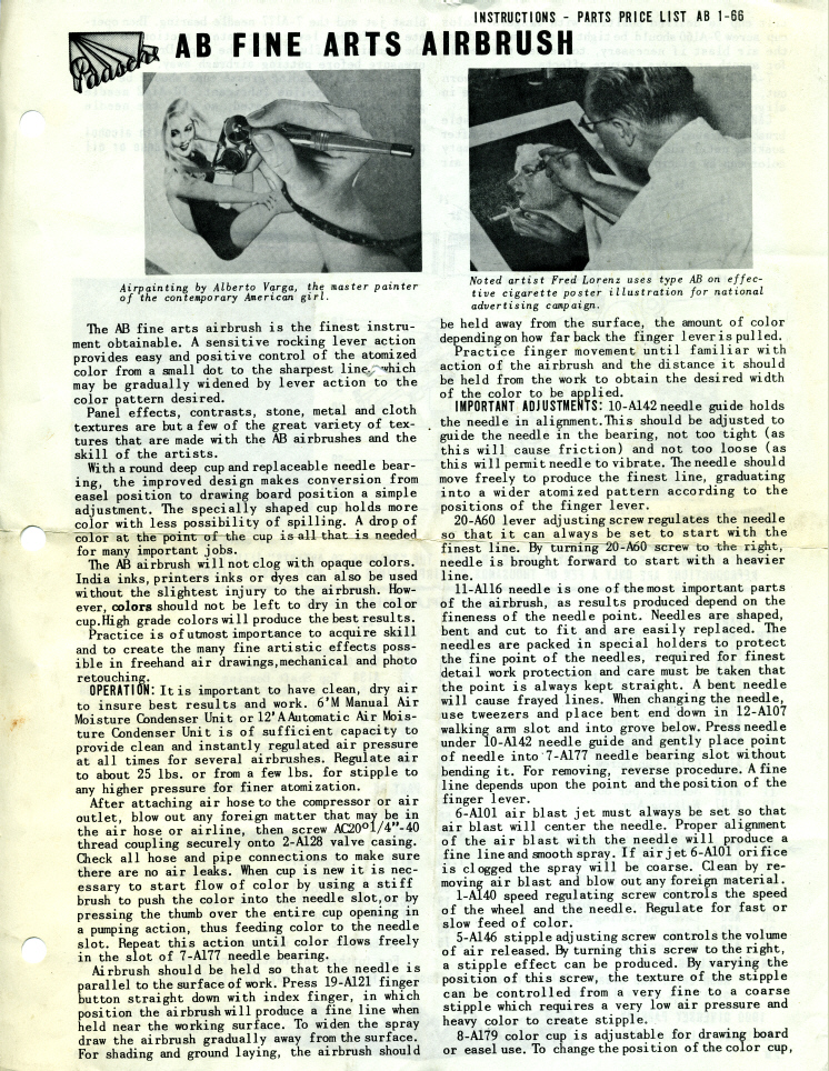 1953 Paasche AB Instruction Sheet - Airbrush Museum Airbrush History