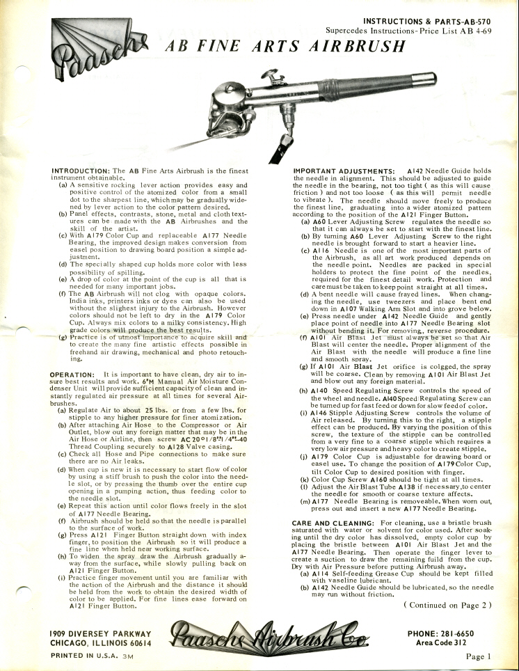 1953 Paasche AB Instruction Sheet - Airbrush Museum Airbrush History