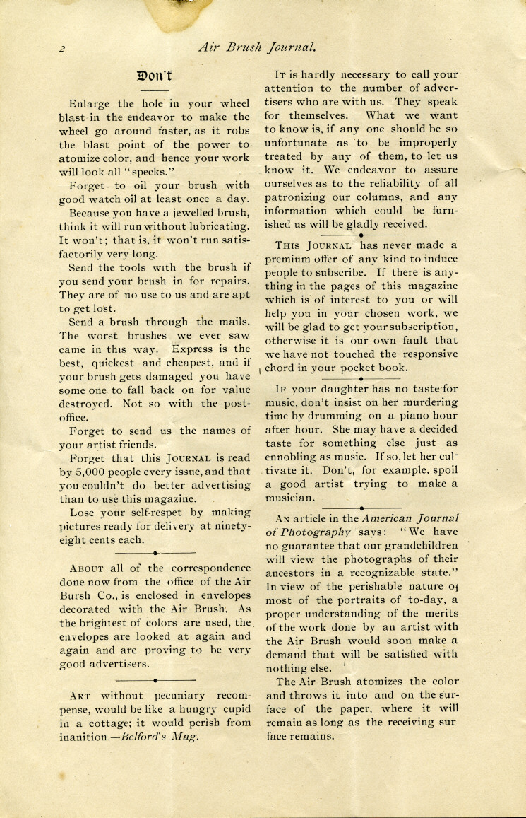 Page 2 of the 1892 Air Brush Digest magazine.