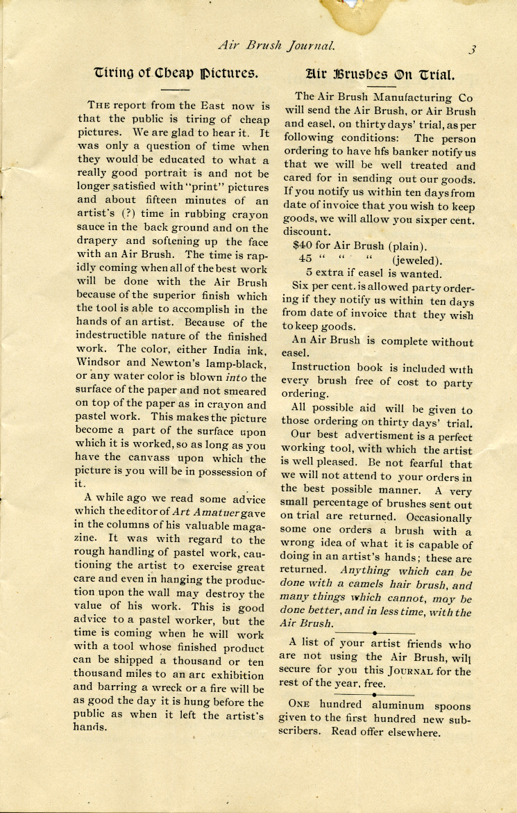 Page 3 of the 1892 Air Brush Journal magazine by Liberty Walkup & the Air Brush Mfg. Co.
