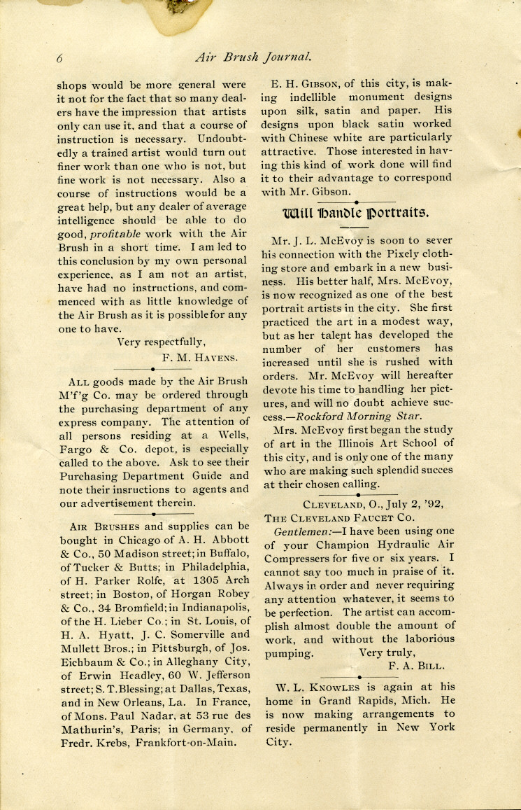 Page 6 of the 1892 Air Brush Journal magazine.