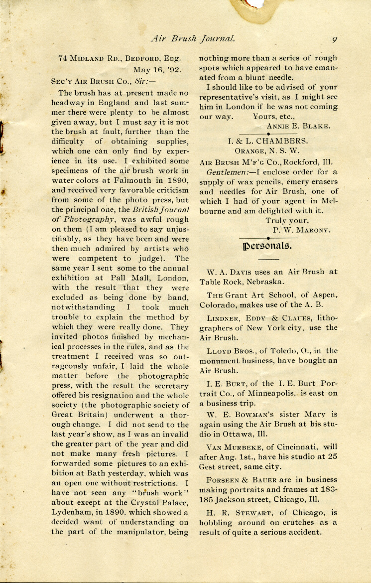 Page 9 of the 1892 Air Brush Journal magazine.