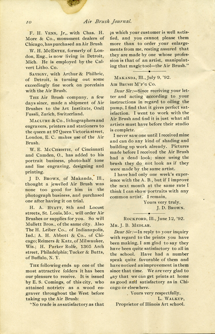 Page 10 of the 1892 Air Brush Journal magazine.