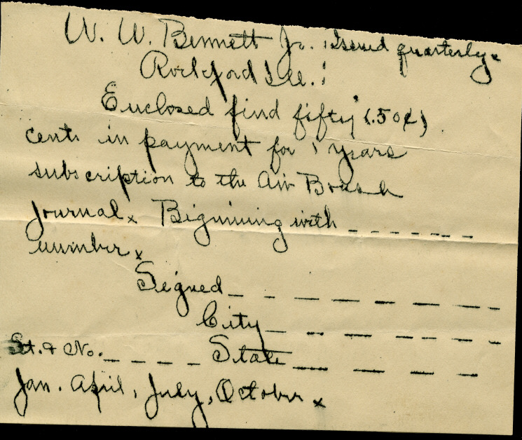 Note found in of the 1892 Air Brush Journal magazine by Liberty Walkup & the Air Brush Mfg. Co.